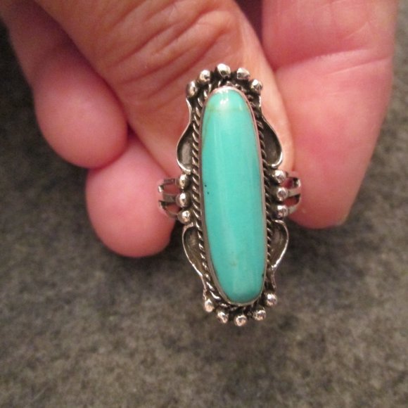 Native American 925 Sterling & Turquoise Elongated Oval Ring, Turquoise Ring - Picture 12 of 13